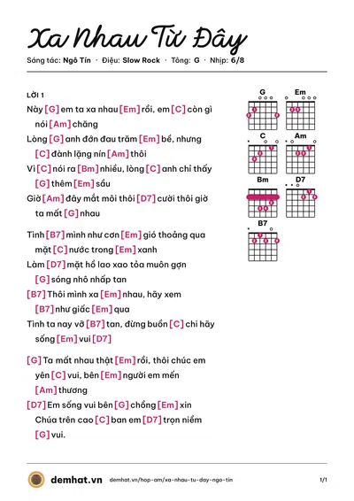 Hợp âm Xa Nhau Từ Đây (Tuyết Nhung) – bản nhạc PDF trang 1, tông G