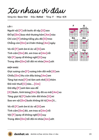 Hợp âm Xa nhau vì đâu (Quoc Viet) – bản nhạc PDF trang 1, tông F