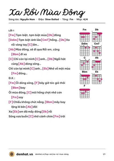 Hợp âm Xa Rồi Mùa Đông (Lệ Quyên) – bản nhạc PDF trang 1, tông Fm