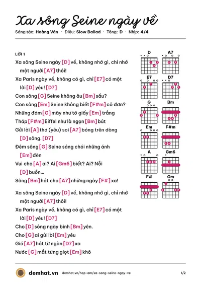 Hợp âm Xa sông Seine ngày về (Hoàng Vân) – bản nhạc PDF trang 1, tông D