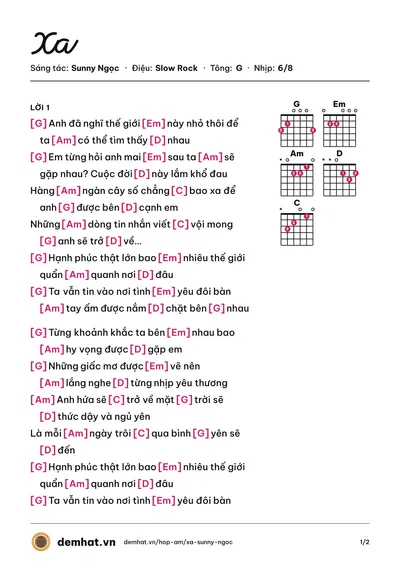Hợp âm Xa (Sunny Ngọc) – bản nhạc PDF trang 1, tông G