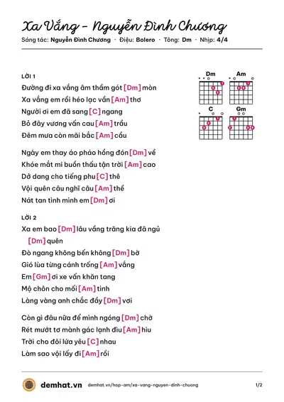 Hợp âm Xa Vắng - Nguyễn Đình Chương (Nguyễn Đình Chương) – bản nhạc PDF trang 1, tông Dm