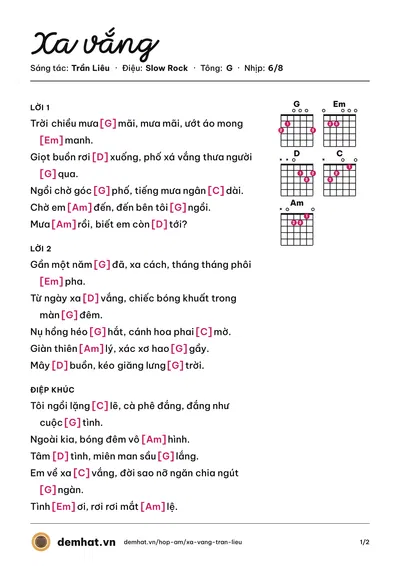 Hợp âm Xa vắng (Anh Kim) – bản nhạc PDF trang 1, tông G