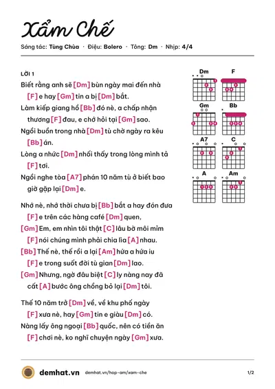 Hợp âm Xẩm Chế (Tùng Chùa) – bản nhạc PDF trang 1, tông Dm