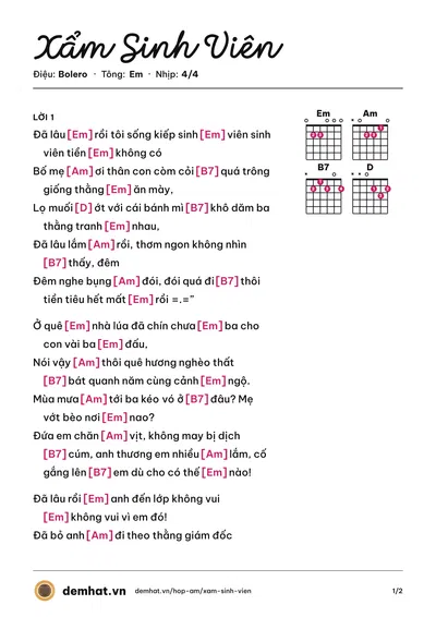Hợp âm Xẩm Sinh Viên (Antôn Đình Dũng) – bản nhạc PDF trang 1, tông Em