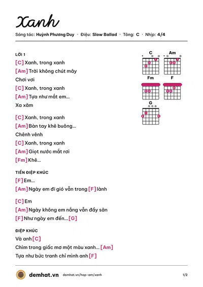 Hợp âm Xanh (Huỳnh Phương Duy) – bản nhạc PDF trang 1, tông C