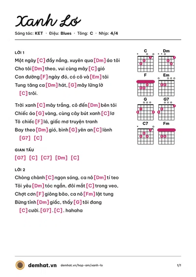 Hợp âm Xanh Lơ (KET) – bản nhạc PDF trang 1, tông C