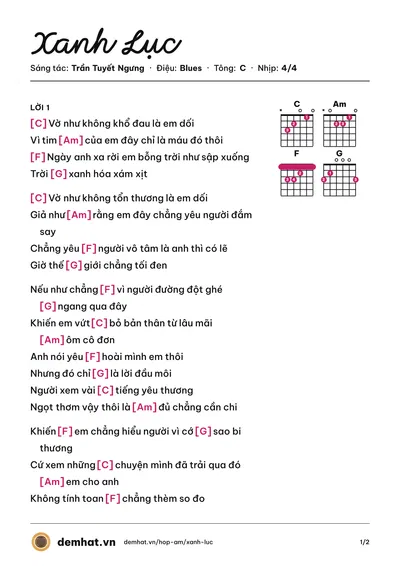 Hợp âm Xanh Lục (Thảo Nguyễn) – bản nhạc PDF trang 1, tông C