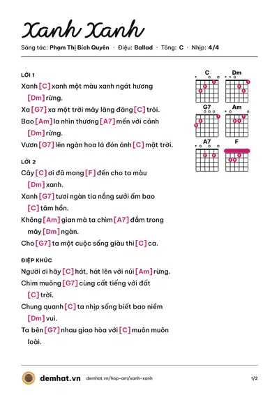 Hợp âm Xanh Xanh (Tốp can nam nữ SGT7) – bản nhạc PDF trang 1, tông C