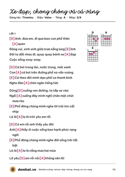 Hợp âm Xe đạp, chong chóng và cá vàng (Tiramisu) – bản nhạc PDF trang 1, tông A