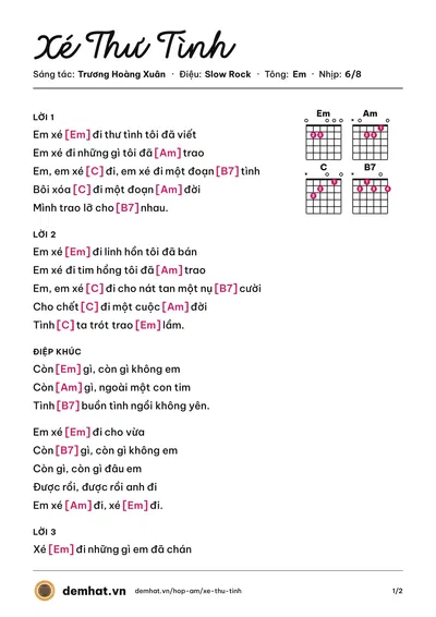 Hợp âm Xé Thư Tình (Elvis Phương) – bản nhạc PDF trang 1, tông Em