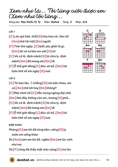 Hợp âm Xem như là... Tôi từng cưới được em (Xem như tôi từng cưới được cô ấy) (Đặng Thanh Tuyền) – bản nhạc PDF trang 1, tông C