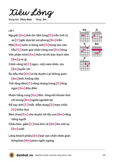 Hợp âm Xiêu Lòng (Dunghoangpham) – bản nhạc PDF trang 1, tông Em