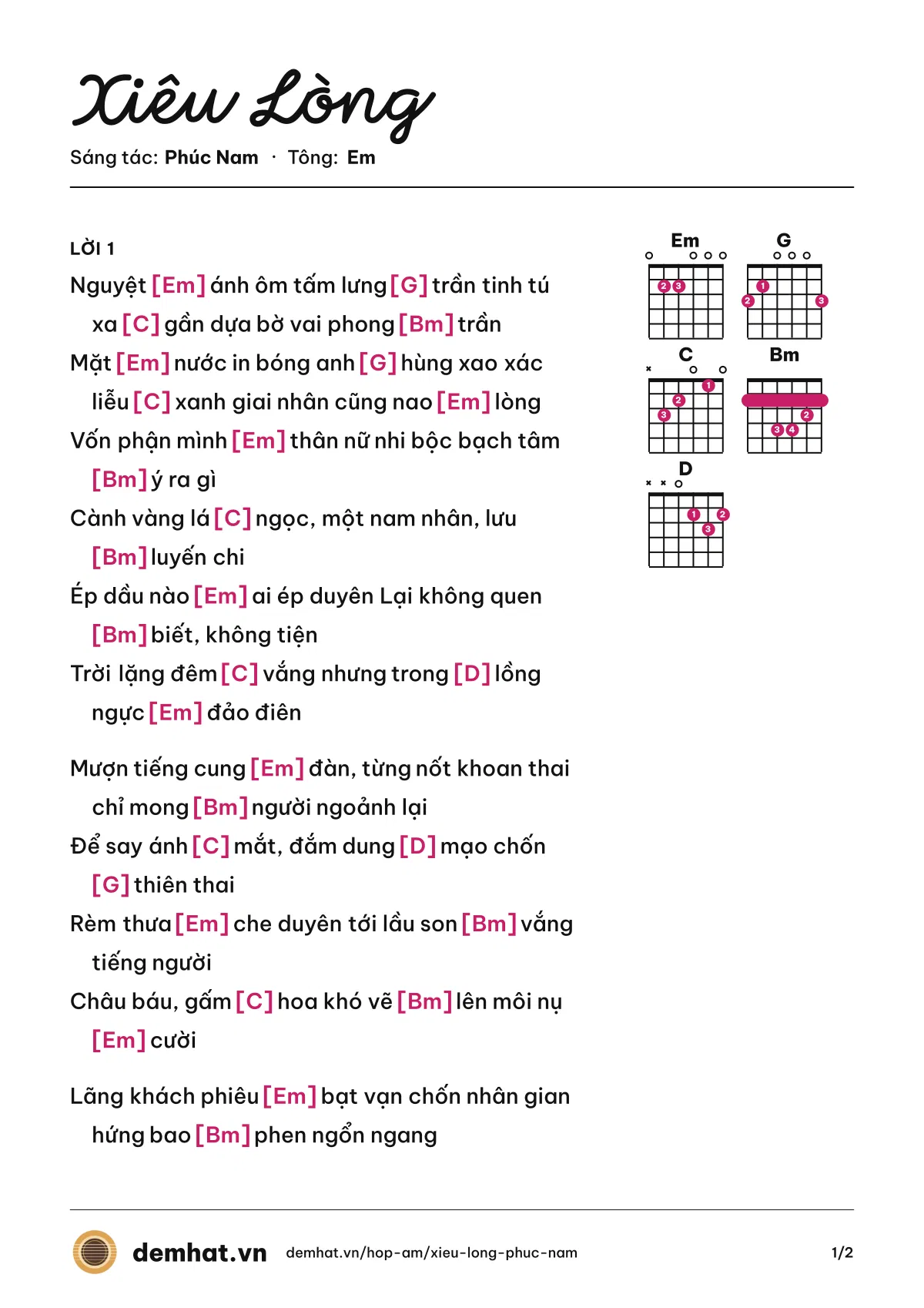 Hợp âm Xiêu Lòng (Dunghoangpham) – bản nhạc PDF trang 1, tông Em