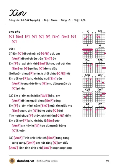 Hợp âm Xin (Mai Khôi) – bản nhạc PDF trang 1, tông C