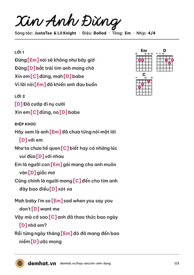 Hợp âm Xin Anh Đừng (Emily) – bản nhạc PDF trang 1, tông Em