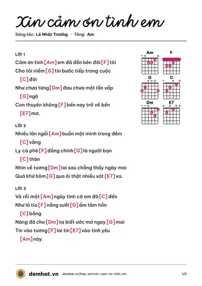 Hợp âm Xin cảm ơn tình em (Lê Nhật Trường) – bản nhạc PDF trang 1, tông Am