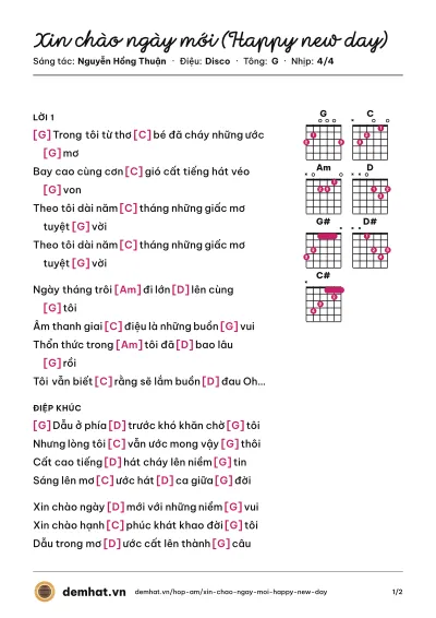 Hợp âm Xin chào ngày mới (Happy new day) (Tuấn Hưng) – bản nhạc PDF trang 1, tông G