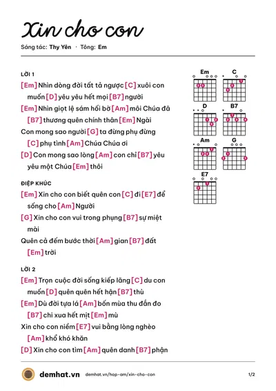 Hợp âm Xin cho con (Thy Yên) – bản nhạc PDF trang 1, tông Em