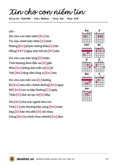 Hợp âm Xin cho con niềm tin (Quỳnh Giang) – bản nhạc PDF trang 1, tông Em