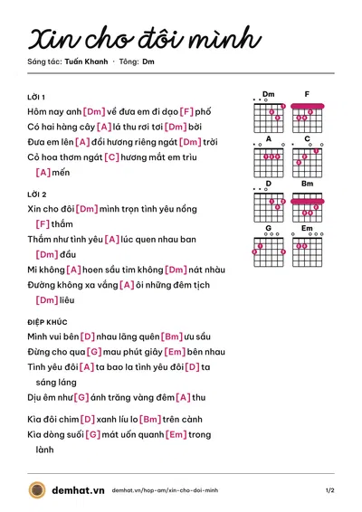 Hợp âm Xin cho đôi mình (Tuấn Khanh) – bản nhạc PDF trang 1, tông Dm