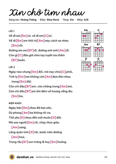 Hợp âm Xin chớ tìm nhau (Hoàng Thống) – bản nhạc PDF trang 1, tông Em