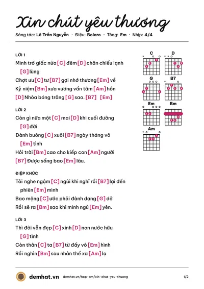Hợp âm Xin chút yêu thương (Thúy Nga) – bản nhạc PDF trang 1, tông Em