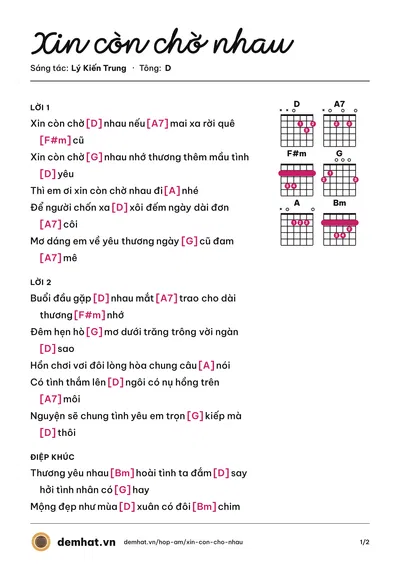 Hợp âm Xin còn chờ nhau (Tố Ny) – bản nhạc PDF trang 1, tông D