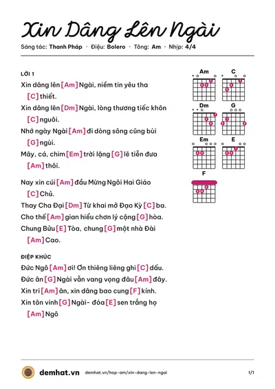 Hợp âm Xin Dâng Lên Ngài (Thanh Pháp) – bản nhạc PDF trang 1, tông Am