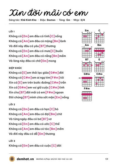 Hợp âm Xin đời mãi có em (Hoàng Nhật Minh) – bản nhạc PDF trang 1, tông Em