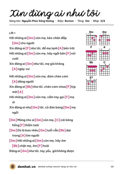 Hợp âm Xin đừng ai như tôi (Quỳnh Lan) – bản nhạc PDF trang 1, tông Dm