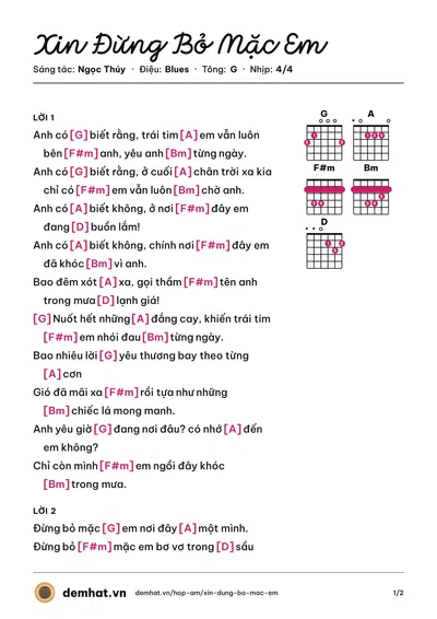 Hợp âm Xin Đừng Bỏ Mặc Em (Ngọc Thúy) – bản nhạc PDF trang 1, tông G
