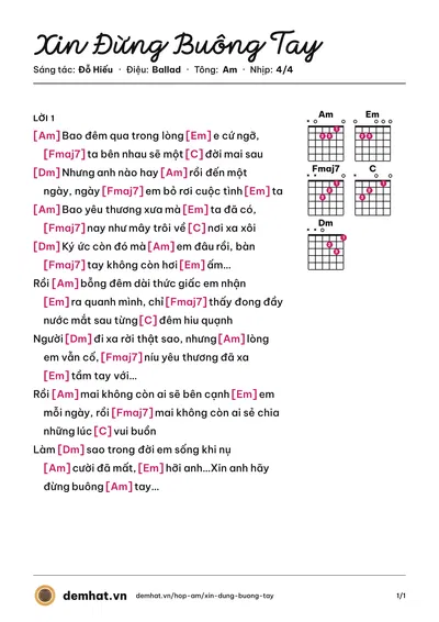 Hợp âm Xin Đừng Buông Tay (Noo Phước Thịnh) – bản nhạc PDF trang 1, tông Am