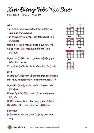 Hợp âm Xin Đừng Hỏi Tại Sao (Đinh Ứng Phi Trường) – bản nhạc PDF trang 1, tông C
