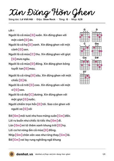 Hợp âm Xin Đừng Hờn Ghen (Lê Viết Hải) – bản nhạc PDF trang 1, tông G