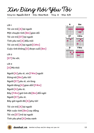 Hợp âm Xin Đừng Nói Yêu Tôi (Quang Dũng) – bản nhạc PDF trang 1, tông A