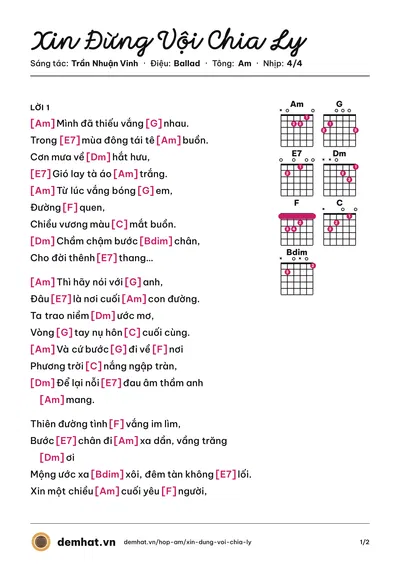 Hợp âm Xin Đừng Vội Chia Ly (Thiên Long) – bản nhạc PDF trang 1, tông Am
