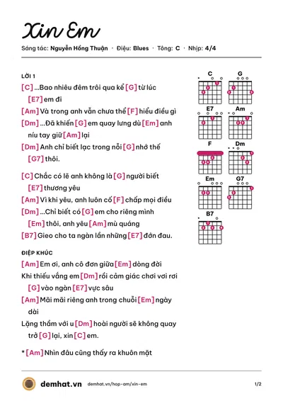 Hợp âm Xin Em (Bùi Anh Tuấn) – bản nhạc PDF trang 1, tông C