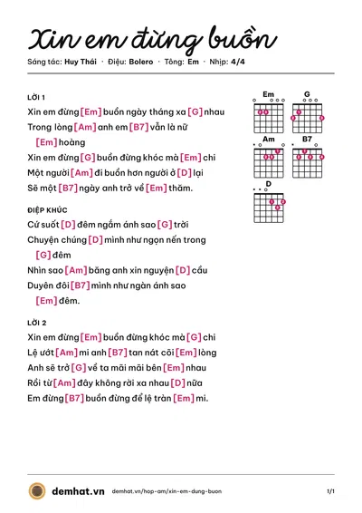 Hợp âm Xin em đừng buồn (Huy Thái) – bản nhạc PDF trang 1, tông Em