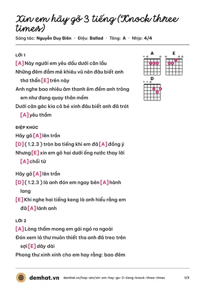 Hợp âm Xin em hãy gõ 3 tiếng (Knock three times) (Nguyễn Duy Biên) – bản nhạc PDF trang 1, tông A