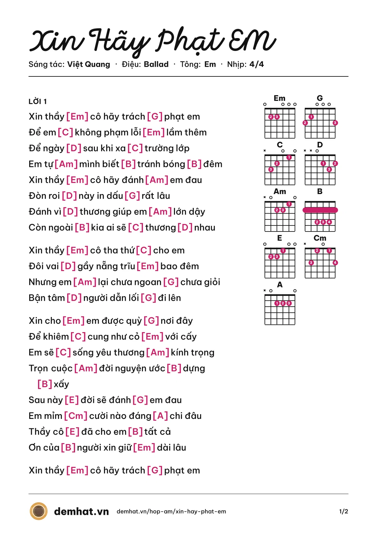 Hợp âm Xin Hãy Phạt EM (Khánh Vy) – bản nhạc PDF trang 1, tông Em