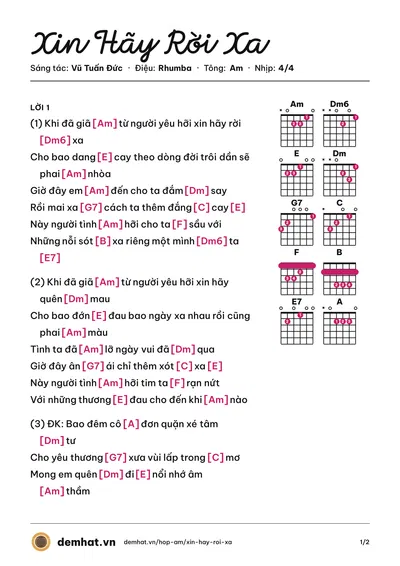 Hợp âm Xin Hãy Rời Xa (Vũ Tuấn Đức) – bản nhạc PDF trang 1, tông Am