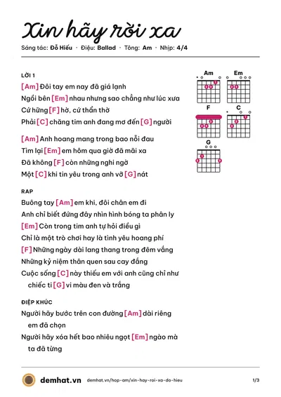 Hợp âm Xin hãy rời xa (Đỗ Hiếu) – bản nhạc PDF trang 1, tông Am
