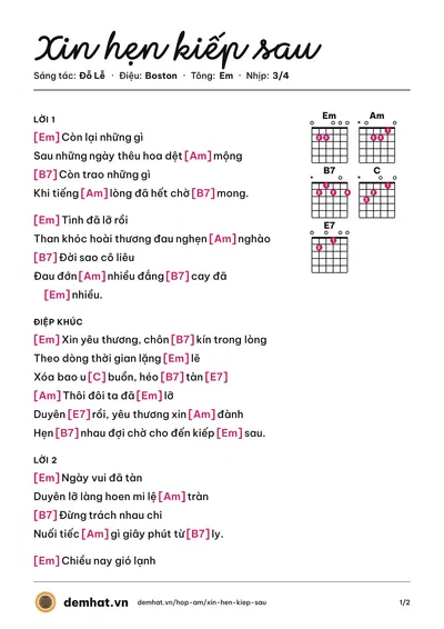 Hợp âm Xin hẹn kiếp sau (Uyên Phương (trước 75)) – bản nhạc PDF trang 1, tông Em
