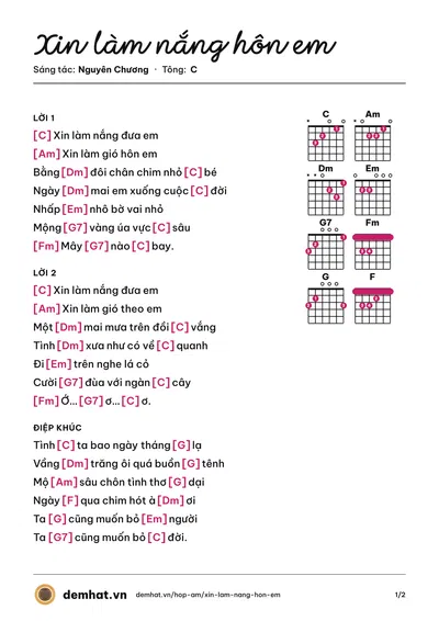 Hợp âm Xin làm nắng hôn em (Thùy Dương) – bản nhạc PDF trang 1, tông C