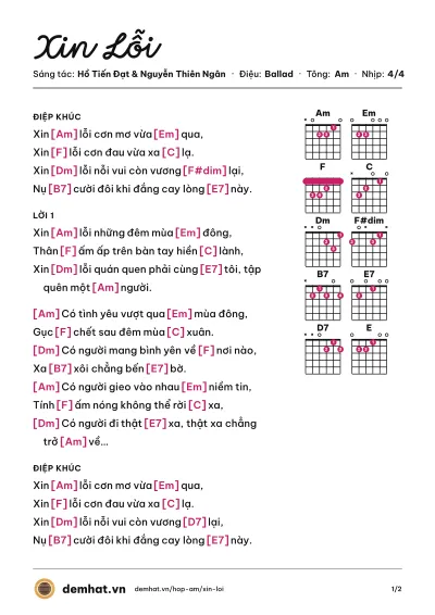Hợp âm Xin Lỗi (Hồ Tiến Đạt) – bản nhạc PDF trang 1, tông Am