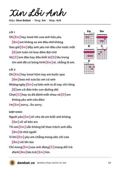 Hợp âm Xin Lỗi Anh (Bảo Thy) – bản nhạc PDF trang 1, tông Em