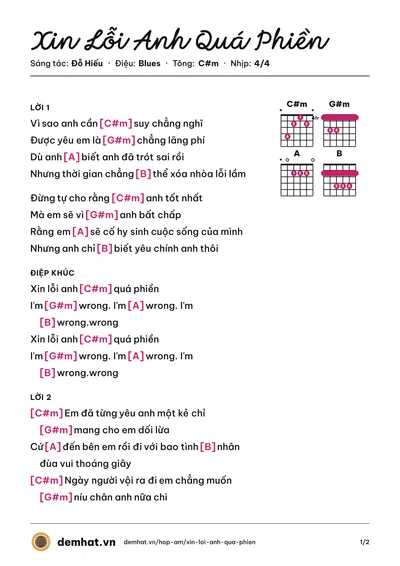 Hợp âm Xin Lỗi Anh Quá Phiền (Đông Nhi) – bản nhạc PDF trang 1, tông C#m
