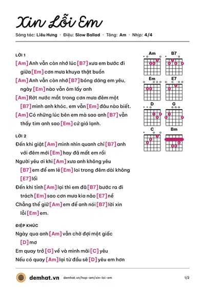 Hợp âm Xin Lỗi Em (Noo Phước Thịnh) – bản nhạc PDF trang 1, tông Am