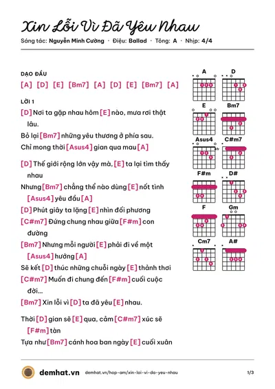 Hợp âm Xin Lỗi Vì Đã Yêu Nhau (Hoài Lâm) – bản nhạc PDF trang 1, tông A